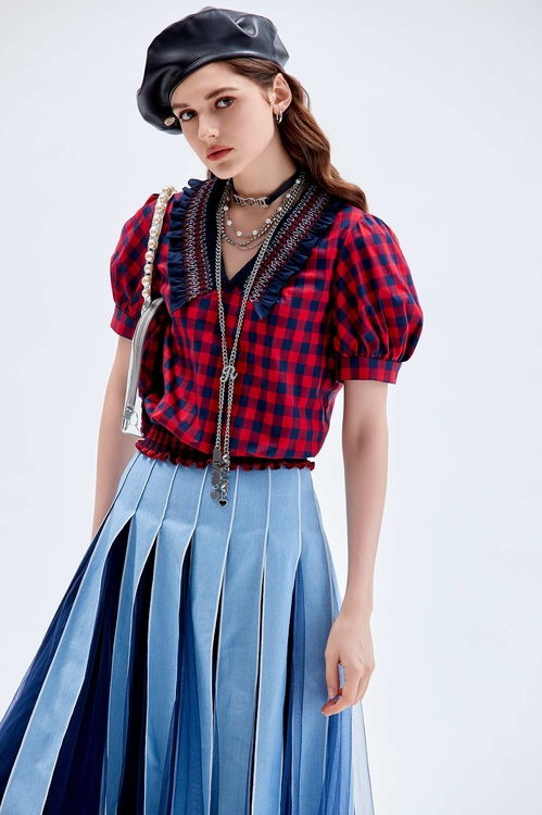 Denim With Mesh Patchwork Maxi Skirt,Pleated skirts