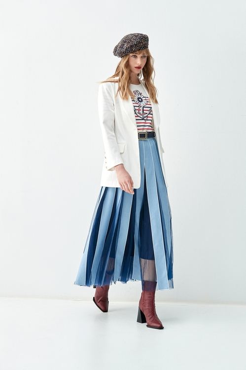 Denim With Mesh Patchwork Maxi Skirt,Pleated skirts