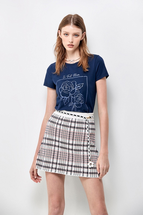 Checkered Knit Mini Skirt,Cotton