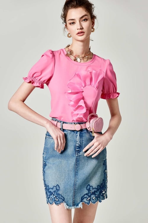 Pearl With Embroidery Detail Denim Skirt,Denim skirts