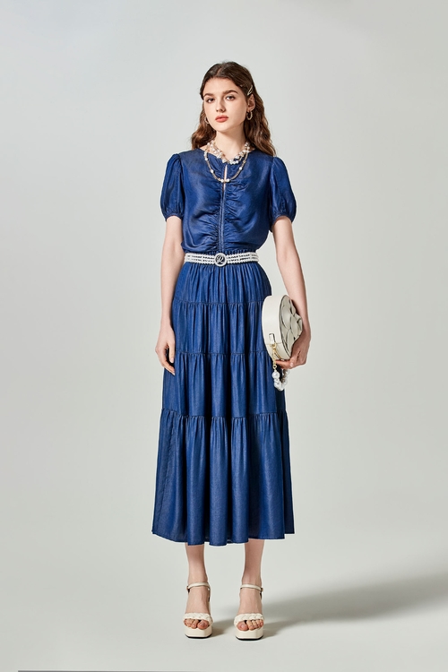 Navy Soft Denim Tiered Skirt,Layered skirts