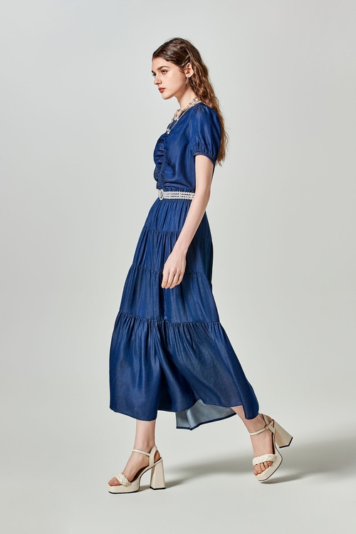 Navy Soft Denim Tiered Skirt,Layered skirts