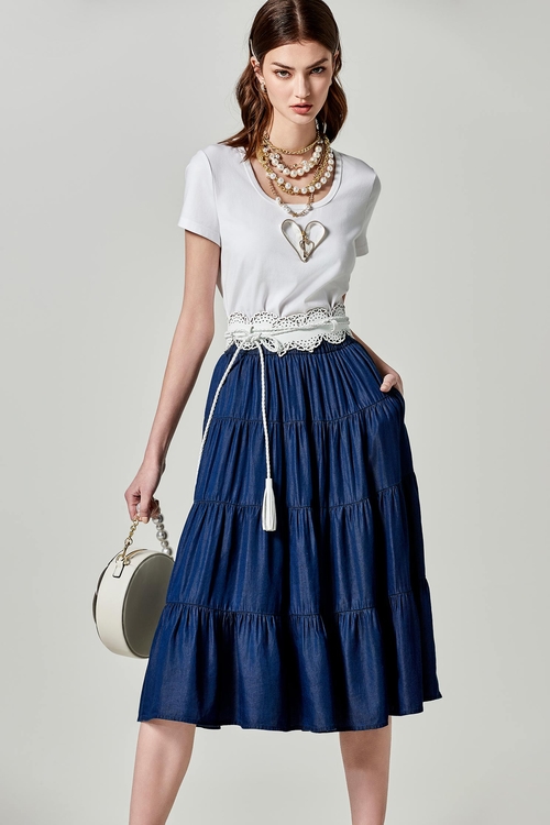 Navy Soft Denim Tiered Skirt,Denim skirts