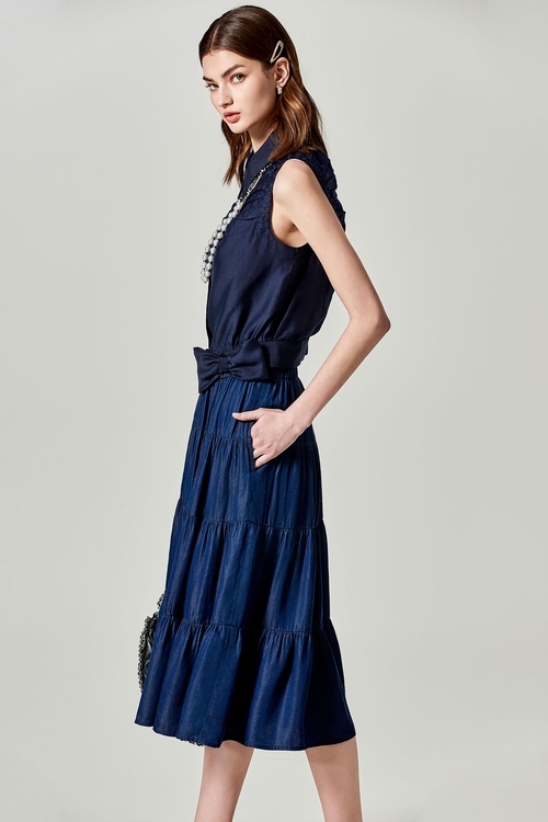 Navy Soft Denim Tiered Skirt,Layered skirts