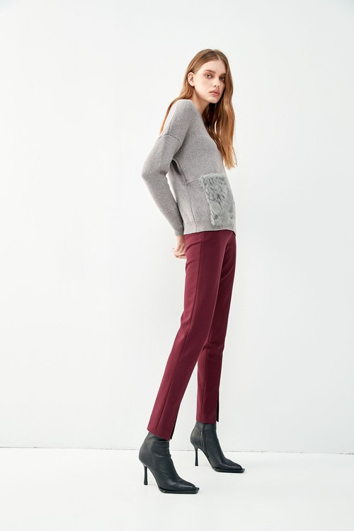 Front Slit Slim-Fit Maroon Pants,Lucky Red