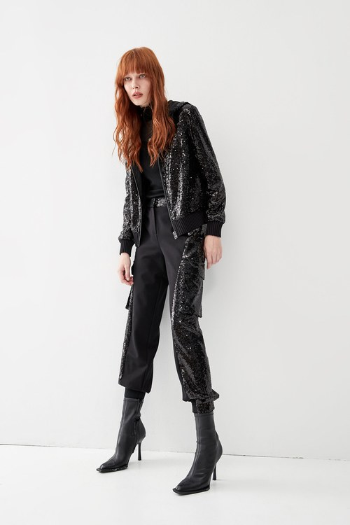 Black Jogger Pants With Panel Sequins,pants,Pants