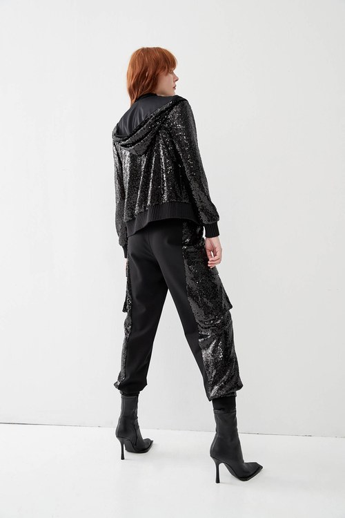 Black Jogger Pants With Panel Sequins,Pants