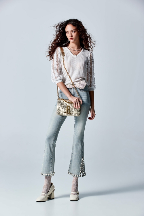 Side Slit Jeans With Pearl Applique,Bell-bottoms,Bell-bottoms,Bell-bottoms