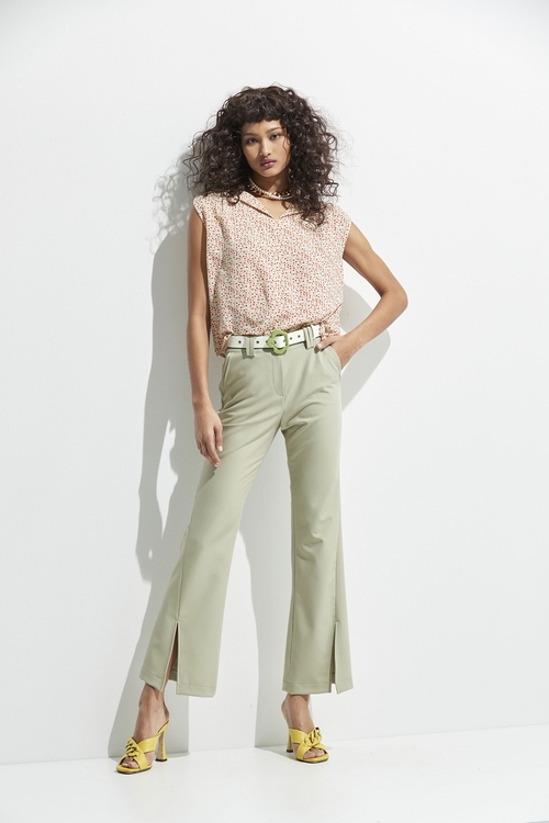 Boot Leg Green Pants With Front Slit,healing colors