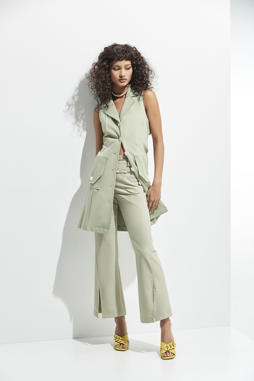 Boot Leg Green Pants With Front Slit,healing colors