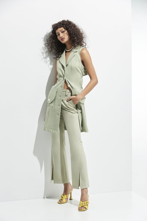 Boot Leg Green Pants With Front Slit,healing colors