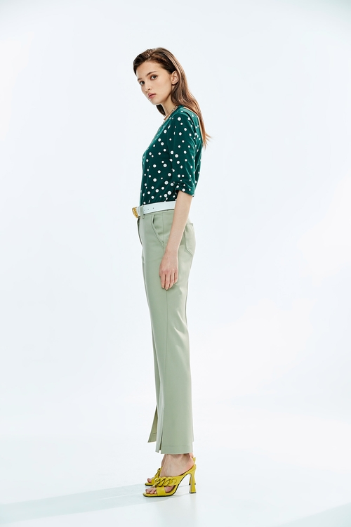 Boot Leg Green Pants With Front Slit,healing colors