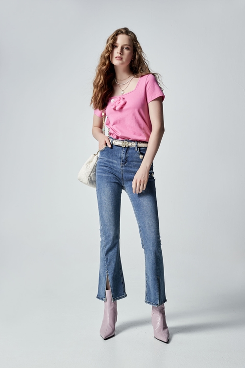 Front Slit Jeans With Floral Applique Detail,Bell-bottoms,Bell-bottoms,Bell-bottoms