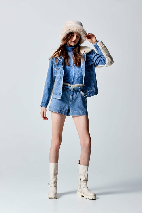 Denim Shorts With Fleece Trim Detail,Denim shorts