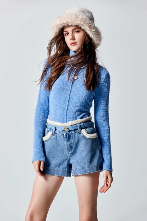 Denim Shorts With Fleece Trim Detail,Denim shorts