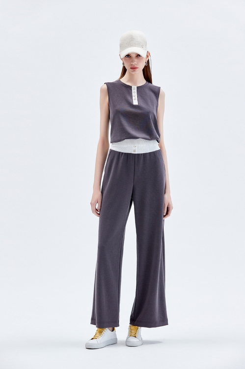 Contrast Elastic Waist Grey Pants,Culottes,Culottes