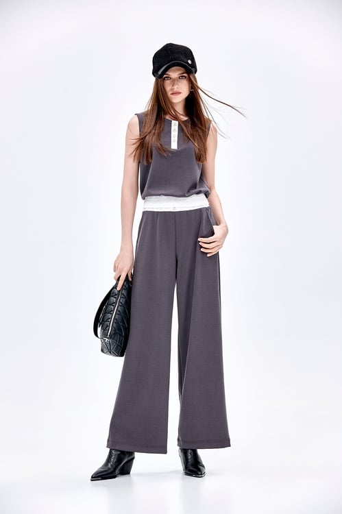 Contrast Elastic Waist Grey Pants,Culottes,Culottes