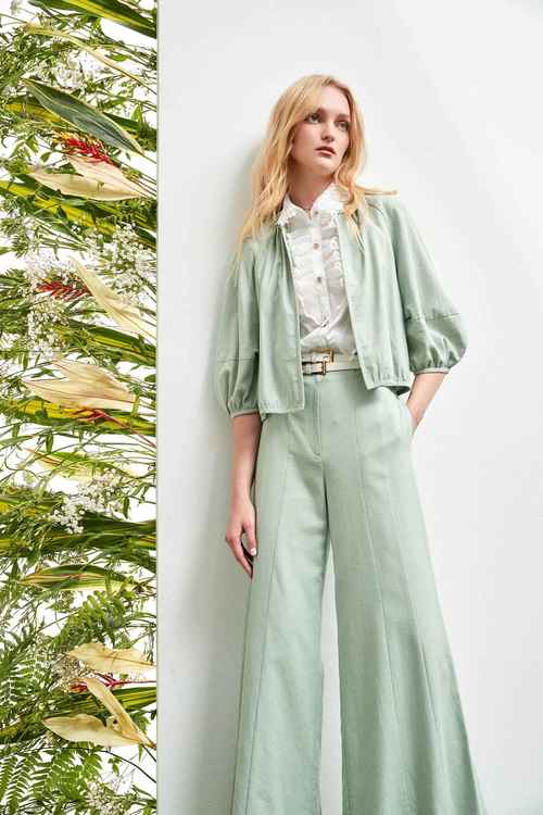 High-Waist Light Green Flare Pants,goodlucknewyear