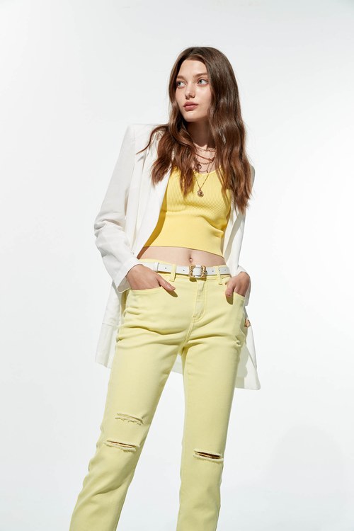 Slim-Fit Yellow Distress Jeans,Denim pants