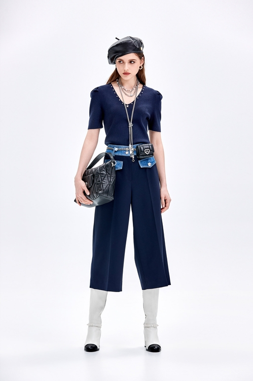 Contrast Denim Wide Leg Navy Pants,,Contrast Denim Wide Leg Navy Pants,Plaid,Denim,Jeans,Season (AW) Look,Culottes,Denim,Season (AW) Look,Wide-leg jeans