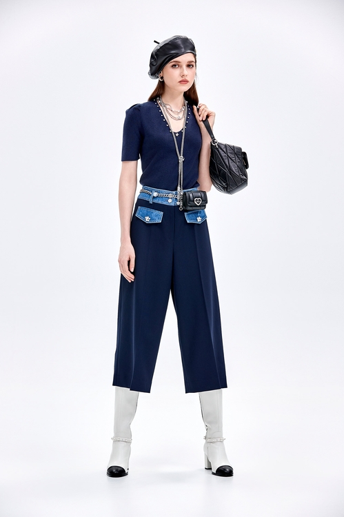 Contrast Denim Wide Leg Navy Pants,,Contrast Denim Wide Leg Navy Pants,Plaid,Denim,Jeans,Season (AW) Look,Culottes,Denim,Season (AW) Look,Wide-leg jeans