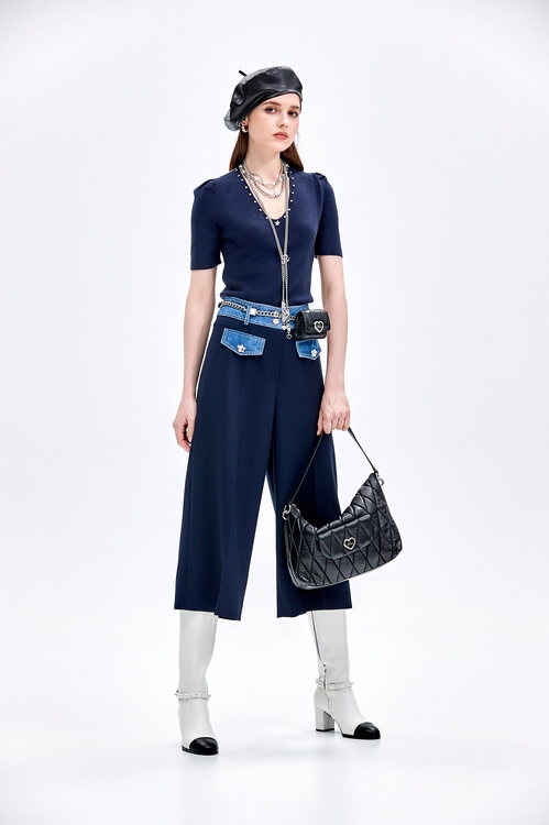 Contrast Denim Wide Leg Navy Pants,Season (AW) Look