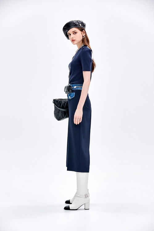 Contrast Denim Wide Leg Navy Pants,,Contrast Denim Wide Leg Navy Pants,Plaid,Denim,Jeans,Season (AW) Look,Culottes,Denim,Season (AW) Look,Wide-leg jeans