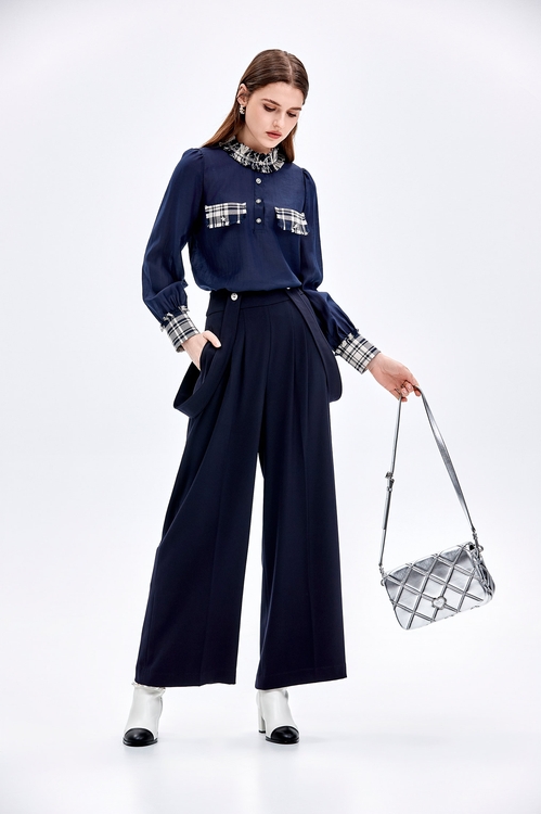 Navy Wide Leg Pants With Detachable Straps,Culottes,Culottes