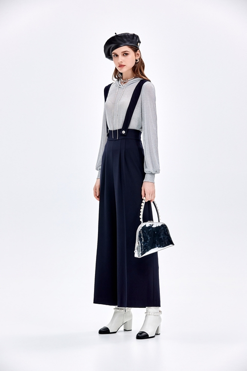 Navy Wide Leg Pants With Detachable Straps,Culottes,Culottes