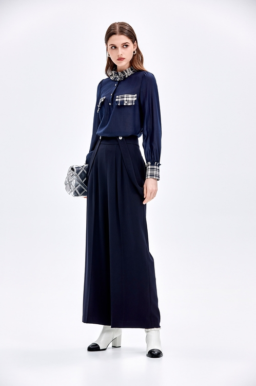 Navy Wide Leg Pants With Detachable Straps,pants,Pants