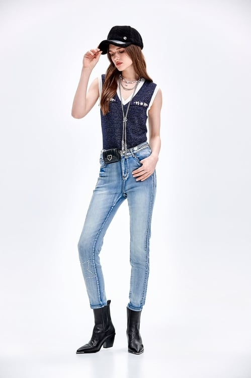 Slim Fit Sequin Detail Jeans,,Slim Fit Sequin Detail Jeans,Plaid,Denim,Jeans,Season (AW) Look