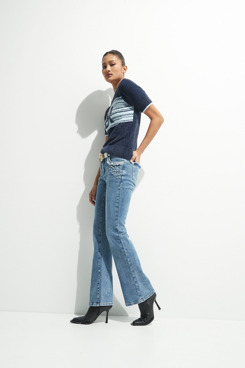 Boot Leg Jeans With Diamonte Applique,Denim pants