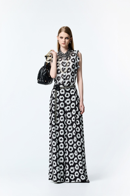 Hand Sketched Floral Print Wide Leg Pants,pants,Pants