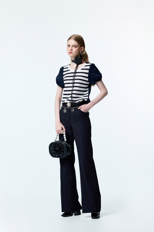 Navy Boot Leg Pants With Contrast Pocket Trim Detail,pants,Pants