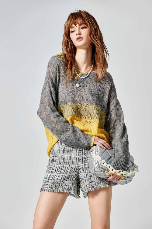 Grey Tweed Shorts With Fray Trim Detail,simple outfits