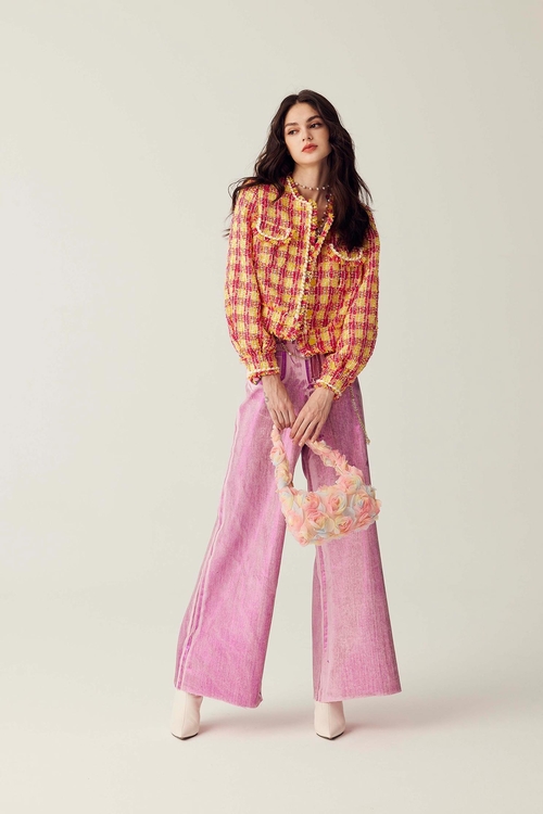 Metallic Foil Pattern Pink Jeans,Wide-leg jeans