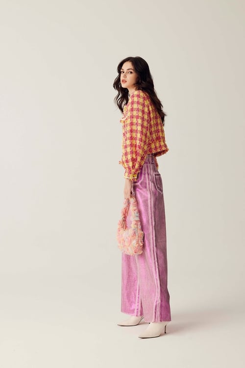 Metallic Foil Pattern Pink Jeans,Denim pants