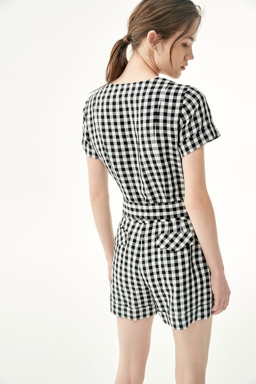 Button Front Short Sleeve Checkered Jumpsuit,Back To Classic