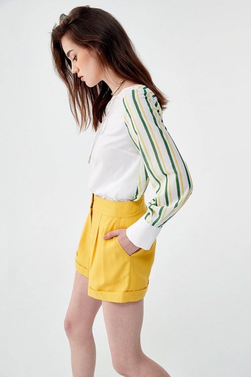 Basic Yellow Shorts With Cuff Hemming,comfotism