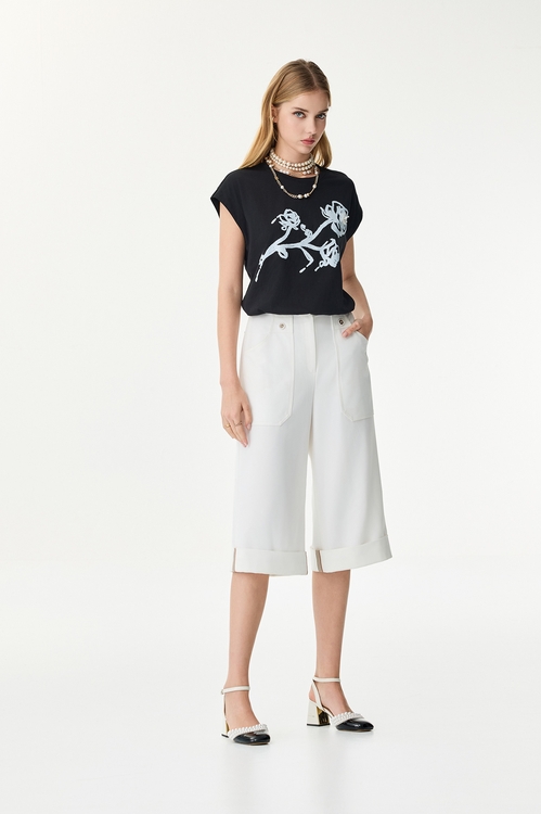 Folded Cuff Detail Wide Leg Pants,Culottes,Culottes