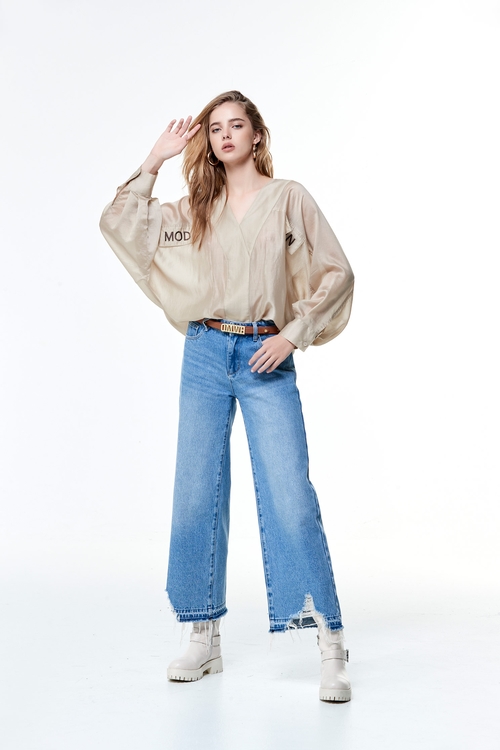 Distress Hem Wide Leg Jeans,Wide-leg jeans