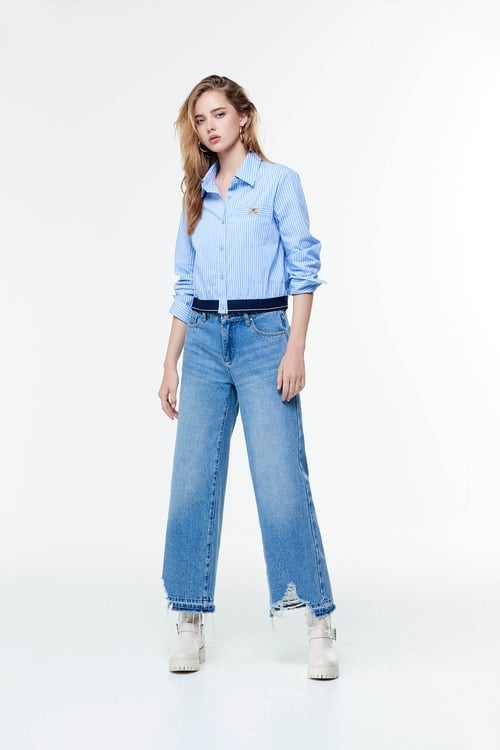 Distress Hem Wide Leg Jeans,Wide-leg jeans