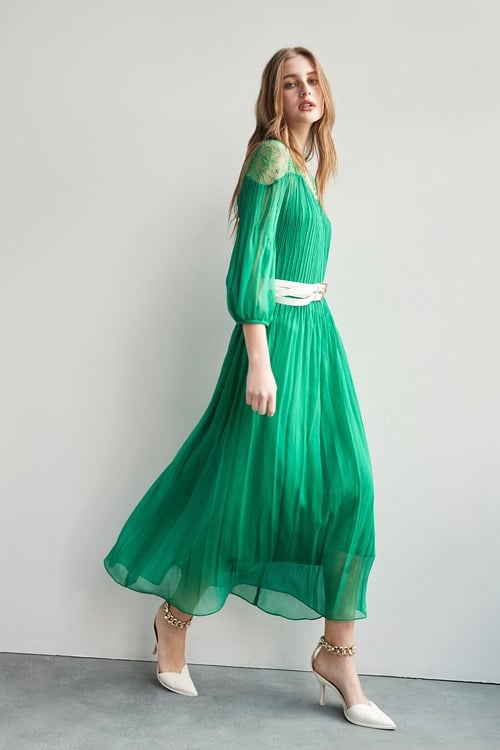 Chiffon With Lace Yoke Maxi Dress,Rayon