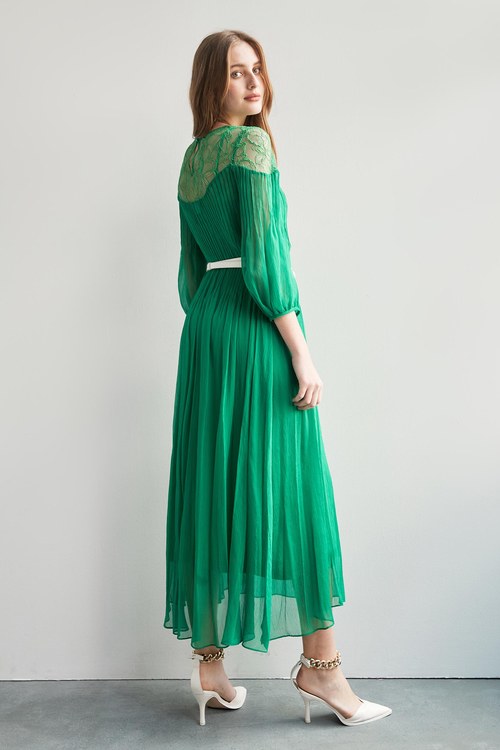 Chiffon With Lace Yoke Maxi Dress,Long sleeve dresses