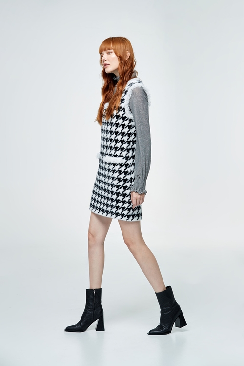 Houndstooth Pattern Sleeveless Dress,U-neck dresses