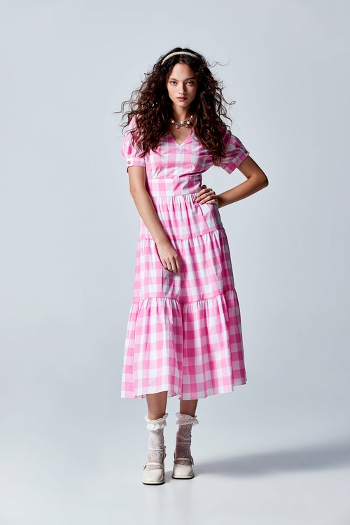 Pink Checkered Maxi Dress,dresses,Dresses