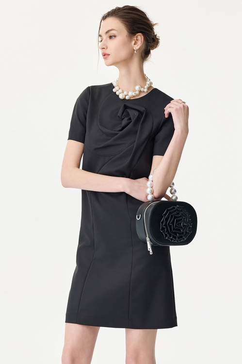 Front 3-D Floral Short Sleeve Dress,,Front 3-D Floral Short Sleeve Dress,Dresses,Season (SS) Look,Black dresses
