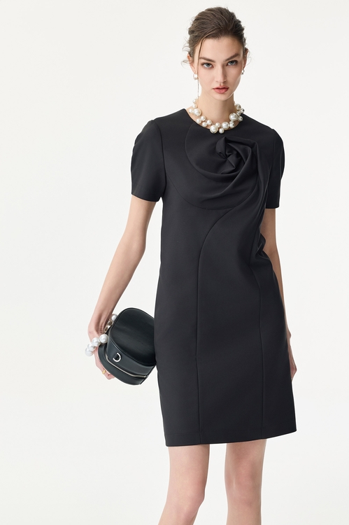 Front 3-D Floral Short Sleeve Dress,,Front 3-D Floral Short Sleeve Dress,Dresses,Season (SS) Look,Black dresses