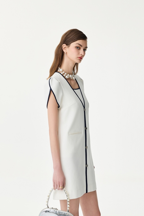 V-neck Contrast Trim Short Dress,White dresses