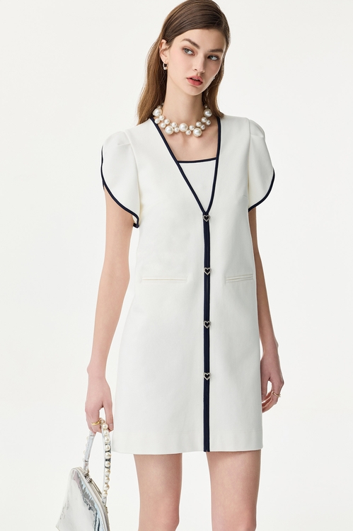 V-neck Contrast Trim Short Dress,White dresses